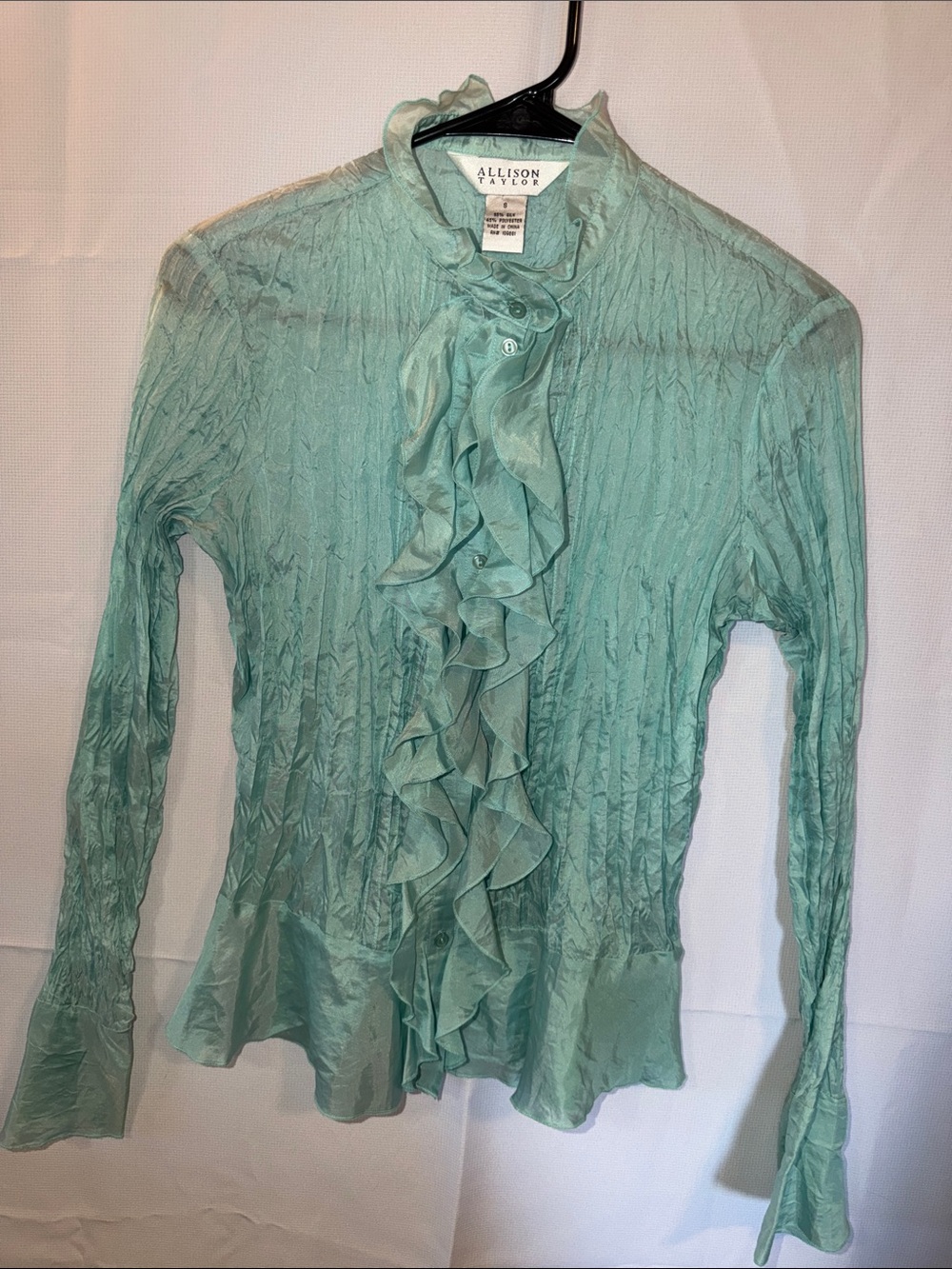 Allison Taylor Mint Green Ruffle crinkle silk Front Blouse